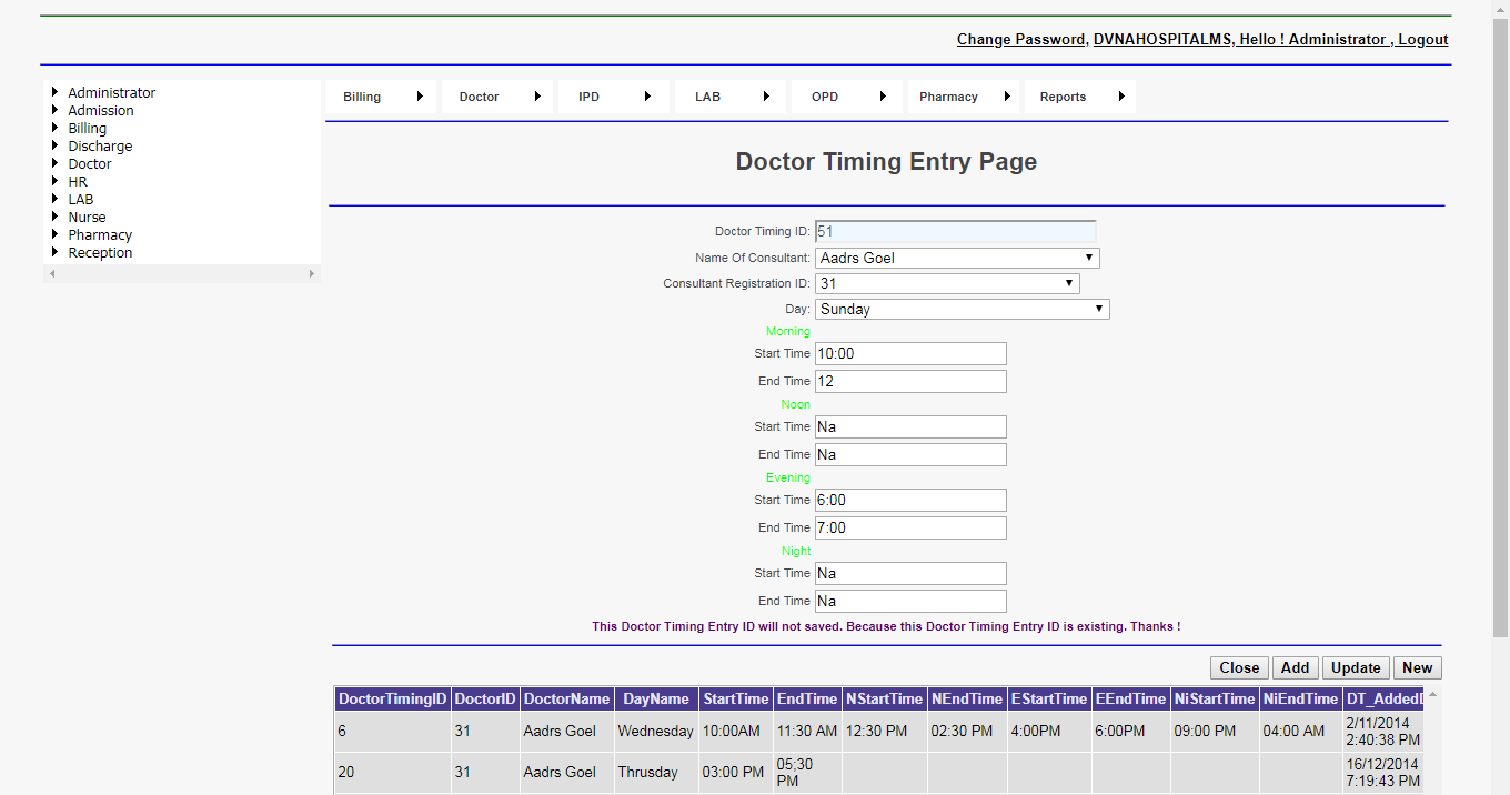 DVNA Hospital Management Software Doctor Timing Entry Page